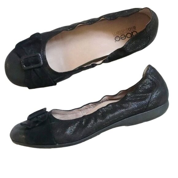 ABEO B.I.O.System Tabitha Embossed Sparkly Leather Suede Bow Flat Black Sz 7.5M - Picture 1 of 9